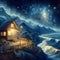 A house with light nearby a beautiful ocean with waves, starry night, a painting, digital art, wallart, wallpaper, nature, sea