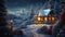 House with lights in winter forest at Christmas night, landscape of lone chalet, decorations and snow. Scenery of cottage, path