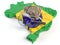 House and loupe on the map of Brazil in colors of australian fla