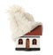 House model with knitted hat on roof against white background