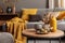 house modern cushion style pillow yellow decor home grey interior sofa. Generative AI.