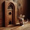 House mouse stands next to his own front door, in base board