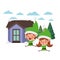 House with pine trees and couple of elves