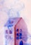 House pink plastic water color acrylic paint white inside small tiny petite ceramic blue smoke could violet night moon frost