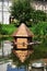 House on the pond for birds. Wooden house and birds