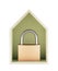 House protection concept. Small wooden house with metal padlock