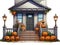 A house with pumpkins on the front steps. Halloween decor.