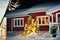 House in reindeer farm winter Lapland Finland night snowfall