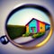 house searching, colorful mini model homes being viewed through magnifying glass, 3d render