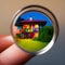 house searching, colorful mini model homes being viewed through magnifying glass, 3d render