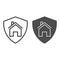 House in secure shield line and solid icon, self isolation concept, home protection sign on white background, building