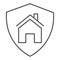 House in secure shield thin line icon, self isolation concept, home protection sign on white background, building in