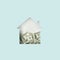 House shape cut out half filled with dollar bills inside. Minimal mortgage, house, savings, insurance concept. Flat lay