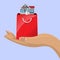 House in shopping bag and female hand. Real estate concept. Vector illustration.