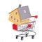 House in shopping cart isolated. Mortgage concept