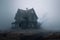 house, shrouded in fog and mist, surrounded by eerie silence