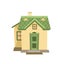 The house is simple cartoon. Cozy small rural dwelling in a traditional European style. Cute yellow home. Isolated on