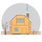 House in the snow. Christmas card background poster. Building with fir tree at yard, construction facade with lanterns for xmas.