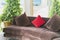 House snuggery with comfortable brown sofa, pillows and greenery for relax and recreation. By bringing nature in your home and