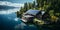 house with solar panels on the roof during the day in a mountainous area near a pond