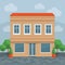 House in street, front view. Front of house. Vector cartoon detailed illustration.