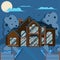 House in the suburbs of the district with residential buildings at night. Vector illustration. Urban area with real estate. Nature