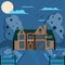 House in the suburbs of the district with residential buildings at night. Vector illustration. Urban area with real estate. Nature