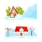House Suffering from Destructive Weather Condition and Natural Cataclysm with Blizzard and Snowslide Vector Set