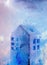 House sunset water color acrylic paint white inside small tiny petite ceramic blue smoke could violet night moon ultra frost