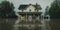 A house surrounded by a rising flood, contrasted against a disaster-preparedness backdrop, concept of Resilience