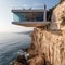 A house suspended on a cliff above the Mediterranean Sea