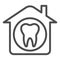 House and tooth line icon. Private dental clinic or home symbol, outline style pictogram on white background. Dentistry