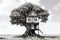 House on tree, concept of Nestled architecture, created with Generative AI technology