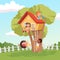 House on tree. Cute children playing in garden nature climbing vector kids background