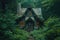 A house is tucked away in the tranquil beauty of a dense forest, A fairy-tale cottage nestled in a mint forest, AI Generated