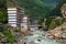 House view over the mountain Parvati river in Manikaran. Himachal Pradesh, North India