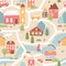 House village with river, seamless pattern texture in cute colors, community town map