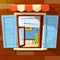 House window facade vector cartoon illustration of old or modern apartments wit window shutters and room view