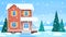 House in winter. Cottage in snowy landscape and snow forest with trees and hills, front view building with terrace