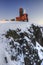 House on winter mountain rock