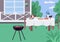 House yard BBQ flat color vector illustration