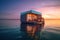 A houseboat floating on top of a body of water. AI generative image. Tiny house illustration.