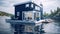 A houseboat floating on top of a body of water. AI generative image. Tiny house illustration.