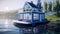 A houseboat floating on top of a body of water. AI generative image. Tiny house illustration.