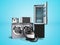 Household appliances fridge microwave washing vacuum cleaner washing machine with dryer fryer 3d render on blue background with sh