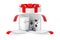 Household Appliances Gift. Household Appliances Set in Opened Surprise White Gift Box with Red Ribbon and Bow. 3d Rendering