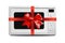 Household appliances. Microwave Oven gift tied red bow. Isolated