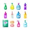 Household chemicals, cleansers and detergent. Vector illustration of multicolor bottles, containers, packaging.