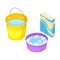 Household Cleaning Equipments with Bucket Full with Water and Detergent Isometric Vector Composition