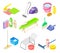 Household Cleaning Equipments with Mop, Broom and Bottles with Detergents Isometric Vector Set